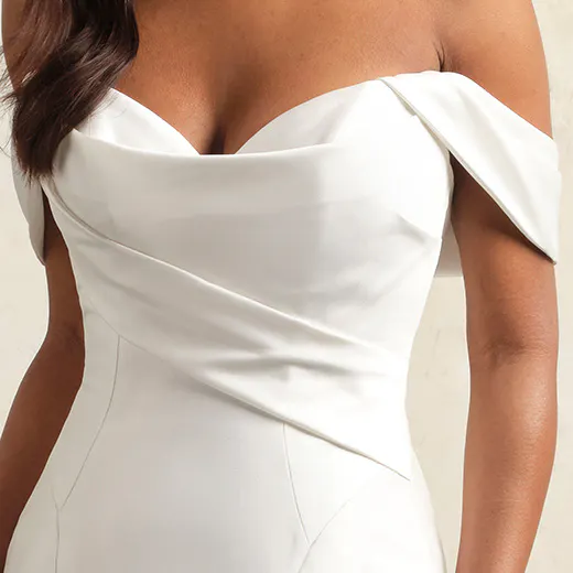 Leilani Marie front view, off-shoulder, draped bodice, Maggie Sottero wedding gown.