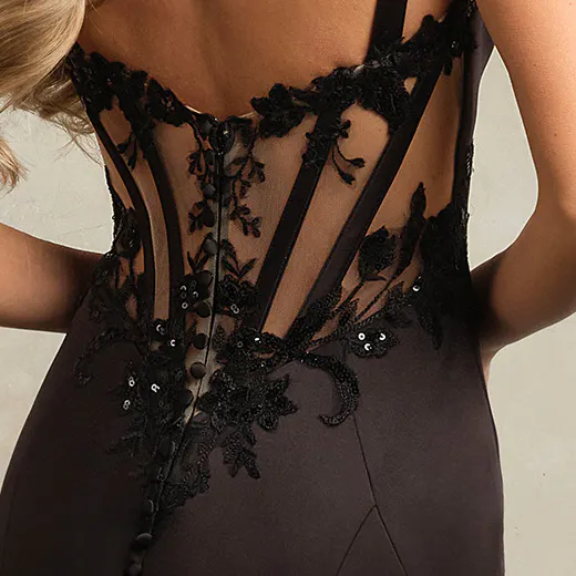 Maggie Sottero Vivica, back view, satin mermaid gown with black lace details.