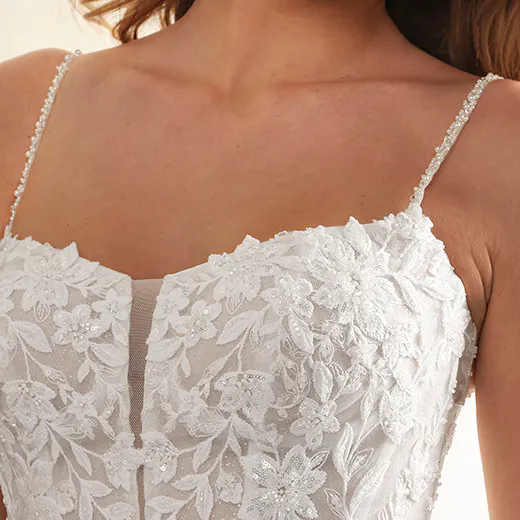 Catherine bridal dress, spaghetti straps, lace detail, front view