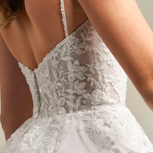 Catherine bridal dress back view, lace detail with spaghetti straps.