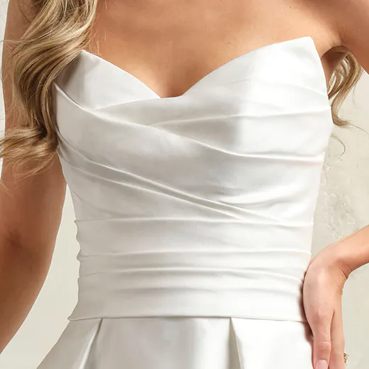 Ethelinda short wedding dress front view with pleated bodice.