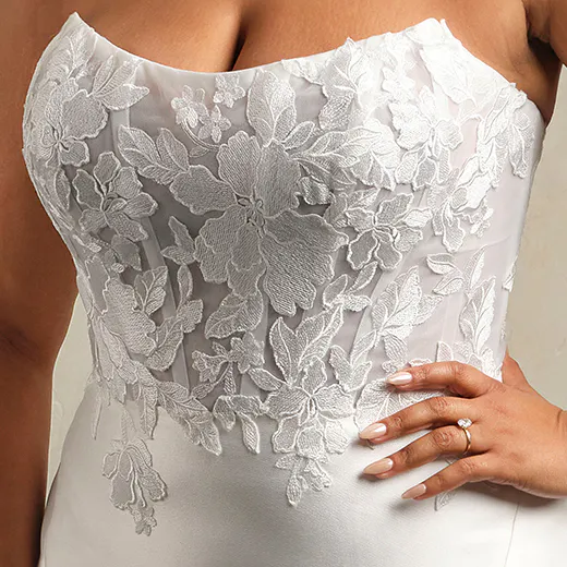 Maggie Sottero Goldie front view, floral lace corset, strapless bridal gown.