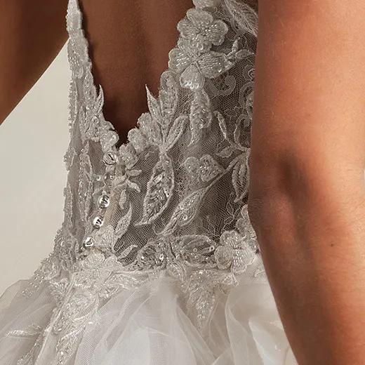 Whimsical Lucy back view, lace detail and crystal buttons