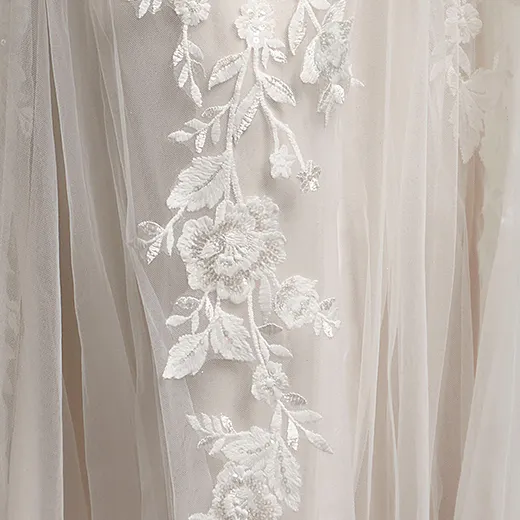 Mandy fit-and-flare dress detail with floral lace embroidery.