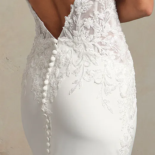 Maggie Sottero Rafi back view lace crepe mermaid gown with buttons