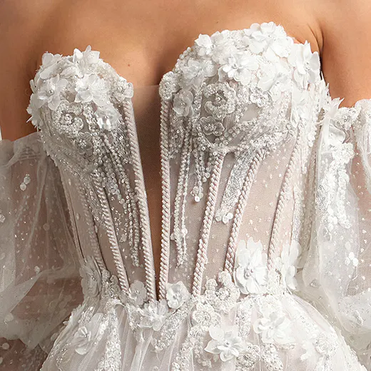 Fun Athlone front view, floral, dotted glitter tulle bridal dress, detailed bodice, off-shoulder sleeves.