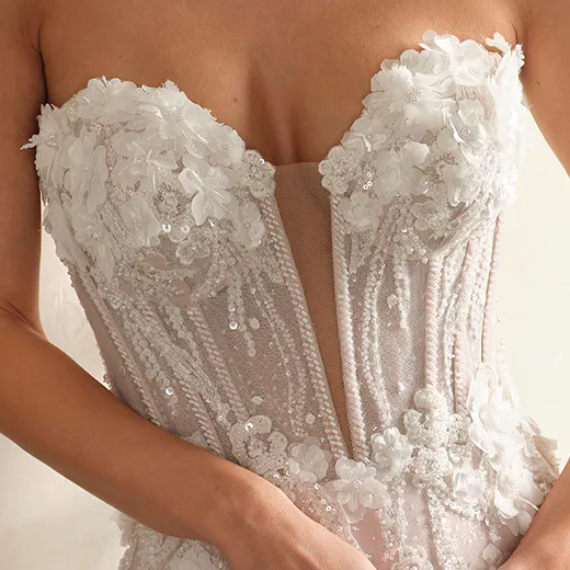 Maggie Sottero Athlone front view, 3-D floral fit-and-flare bridal gown.