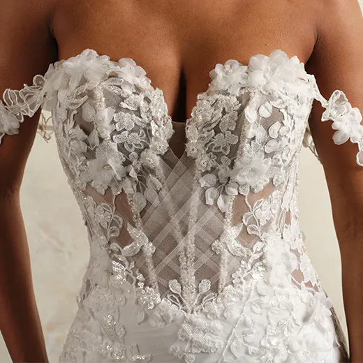 Kellen crisscross tulle gown front view with floral lace details