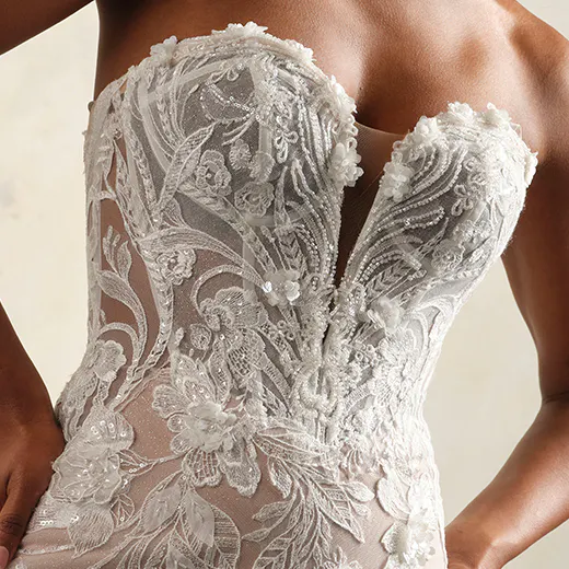Maggie Sottero Nyjah front view, scalloped sparkling lace wedding dress.