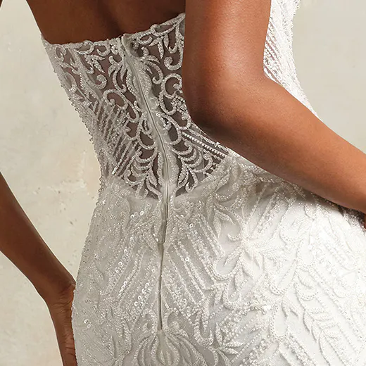 Sottero and Midgley Sorrento back view strapless beaded lace wedding gown.