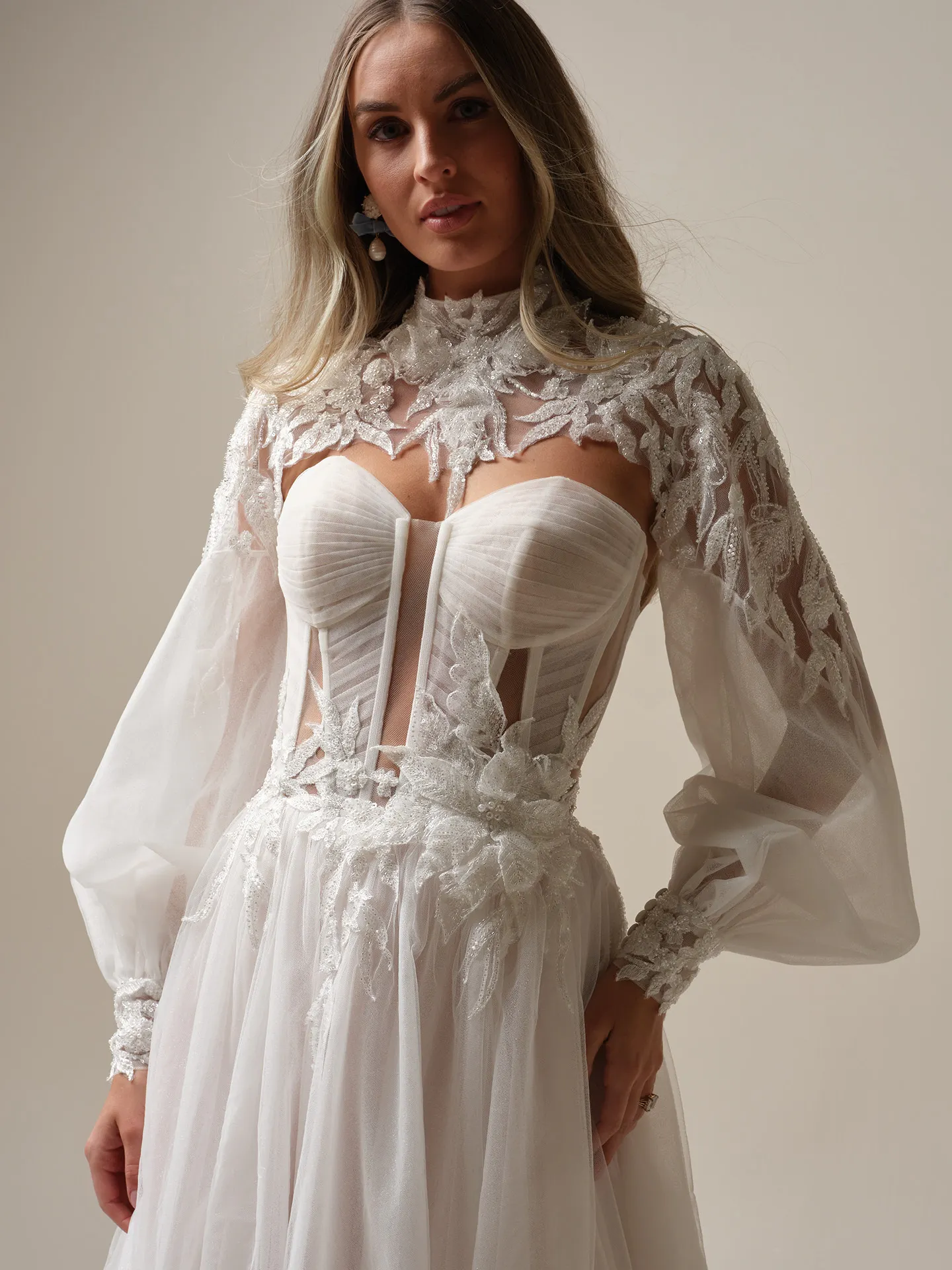 Maggie Sottero Arden beaded lace illusion jacket front view