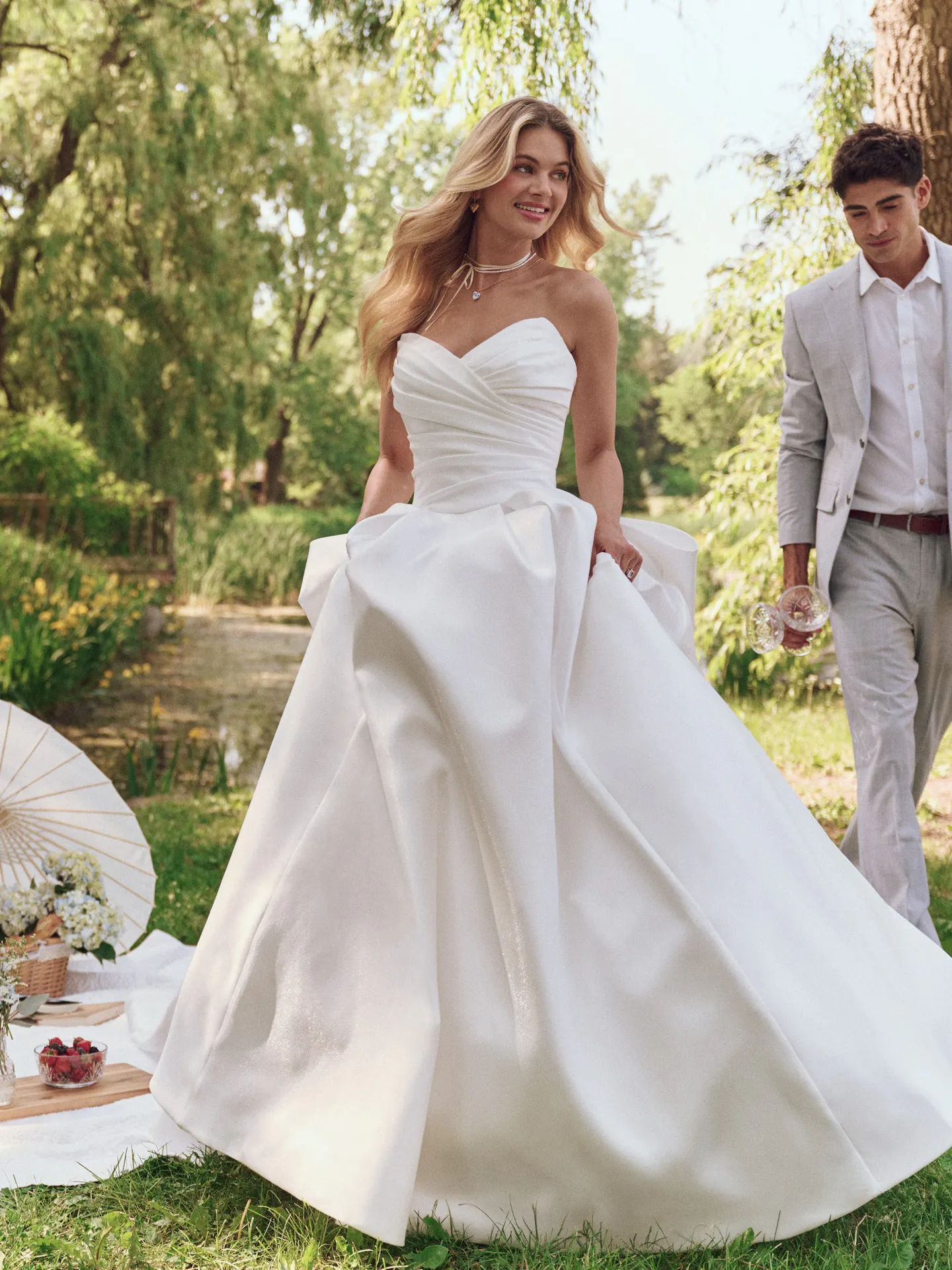 satin corset ball gown wedding dress Aubrielle textured Bridal | Maggie Sottero elastic satin prom dress 2946 Colors Available Apricot Aura Boho Maxi Off shoulder COLOR:CREAM/GOLD