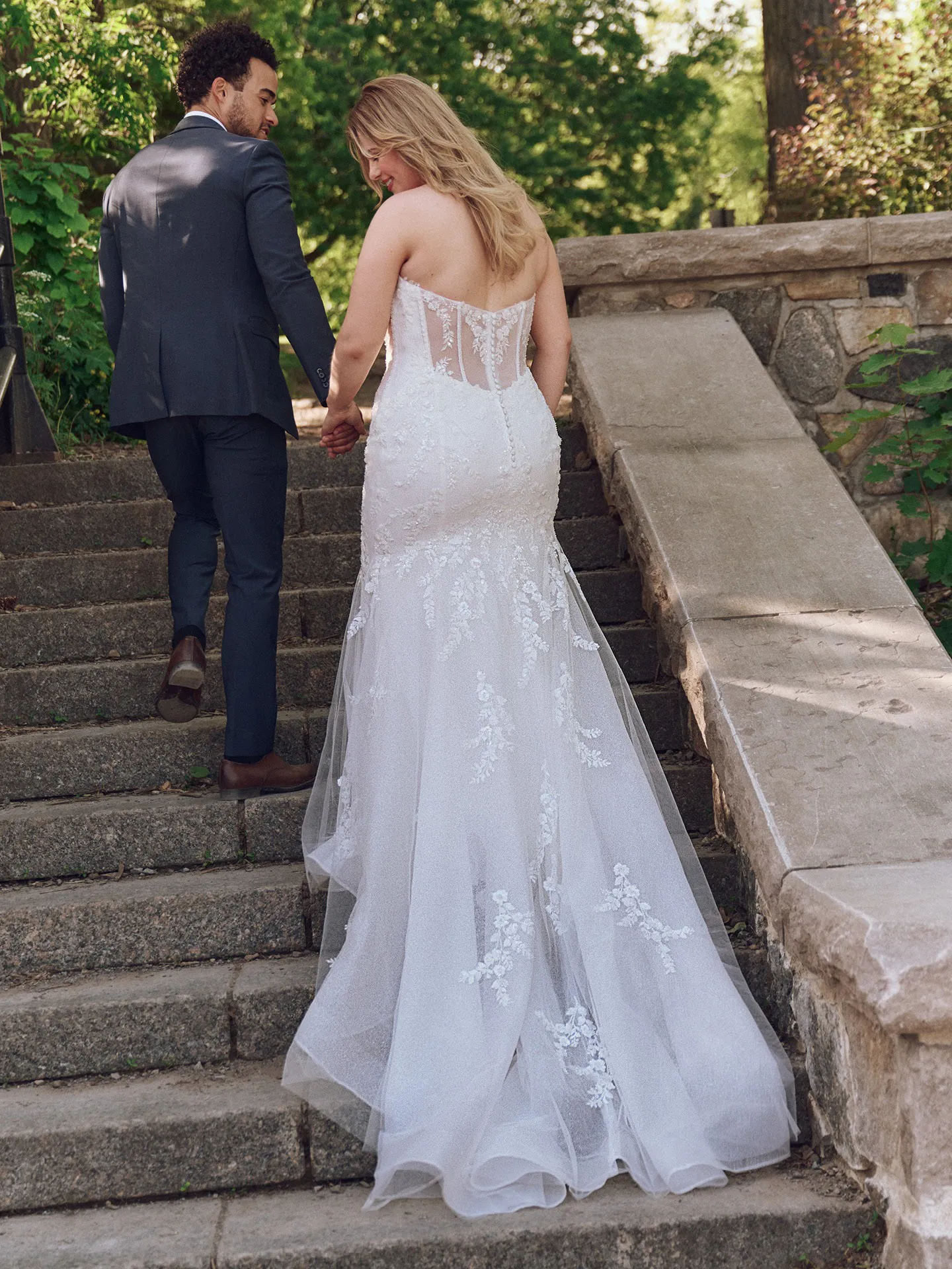 Benjie Sequin Lace Mermaid Dress back view on stairs