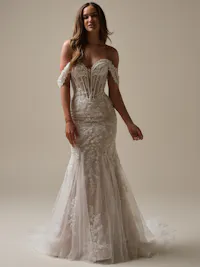 Off-the-shoulder cap-sleeves with sequins and beaded lace