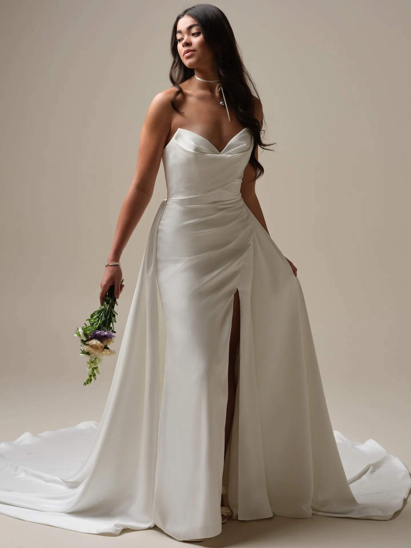 Camille draped satin sheath wedding dress front view Maggie Sottero