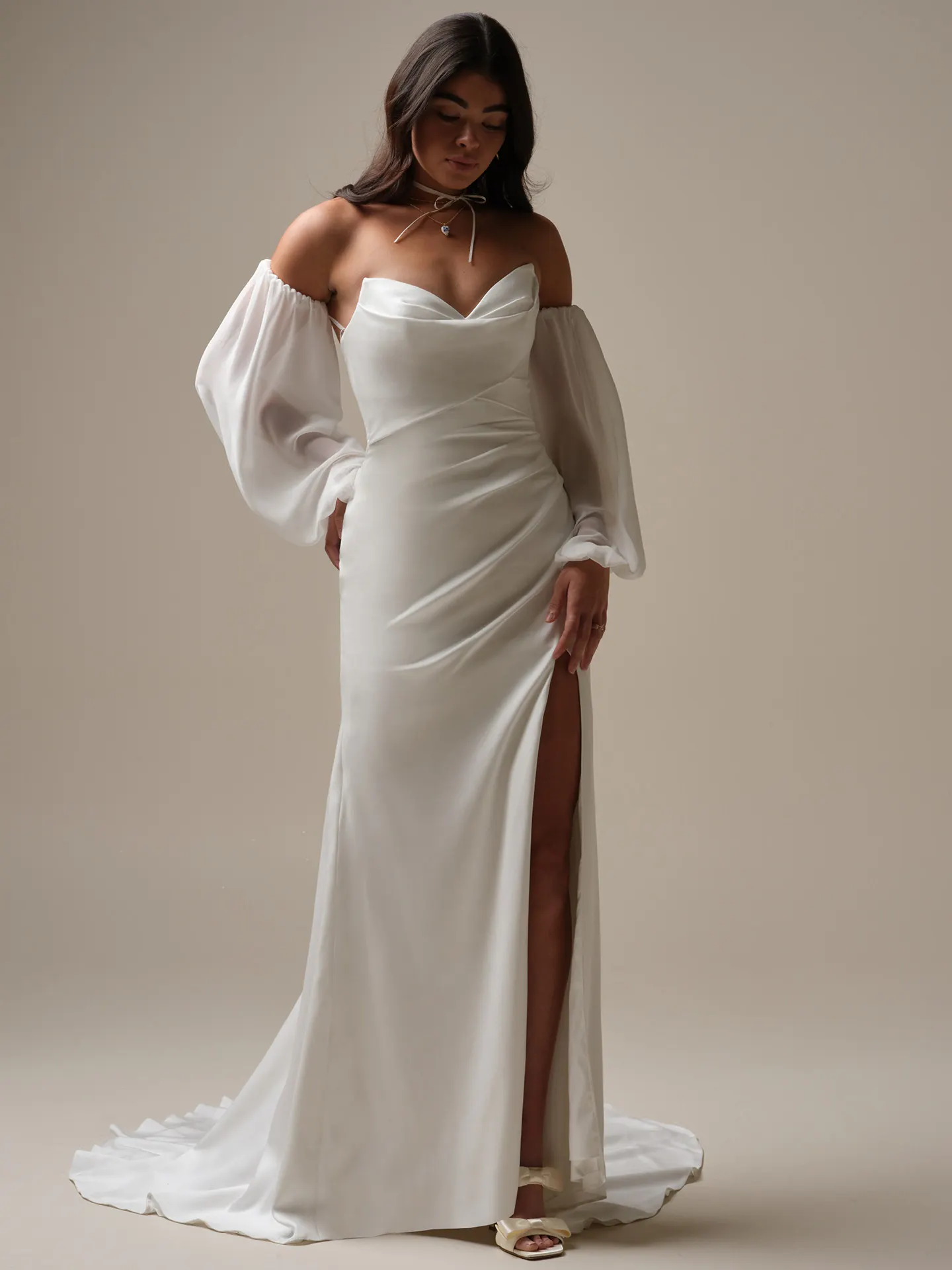 Maggie Sottero Camille front view off-shoulder bishop sleeves chiffon dress with slit