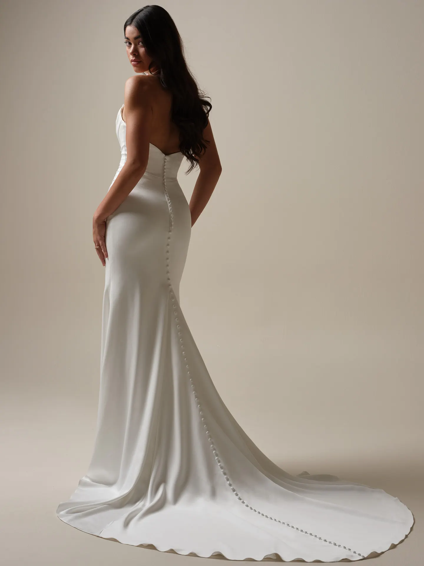 Camille satin sheath back view with button detail Maggie Sottero