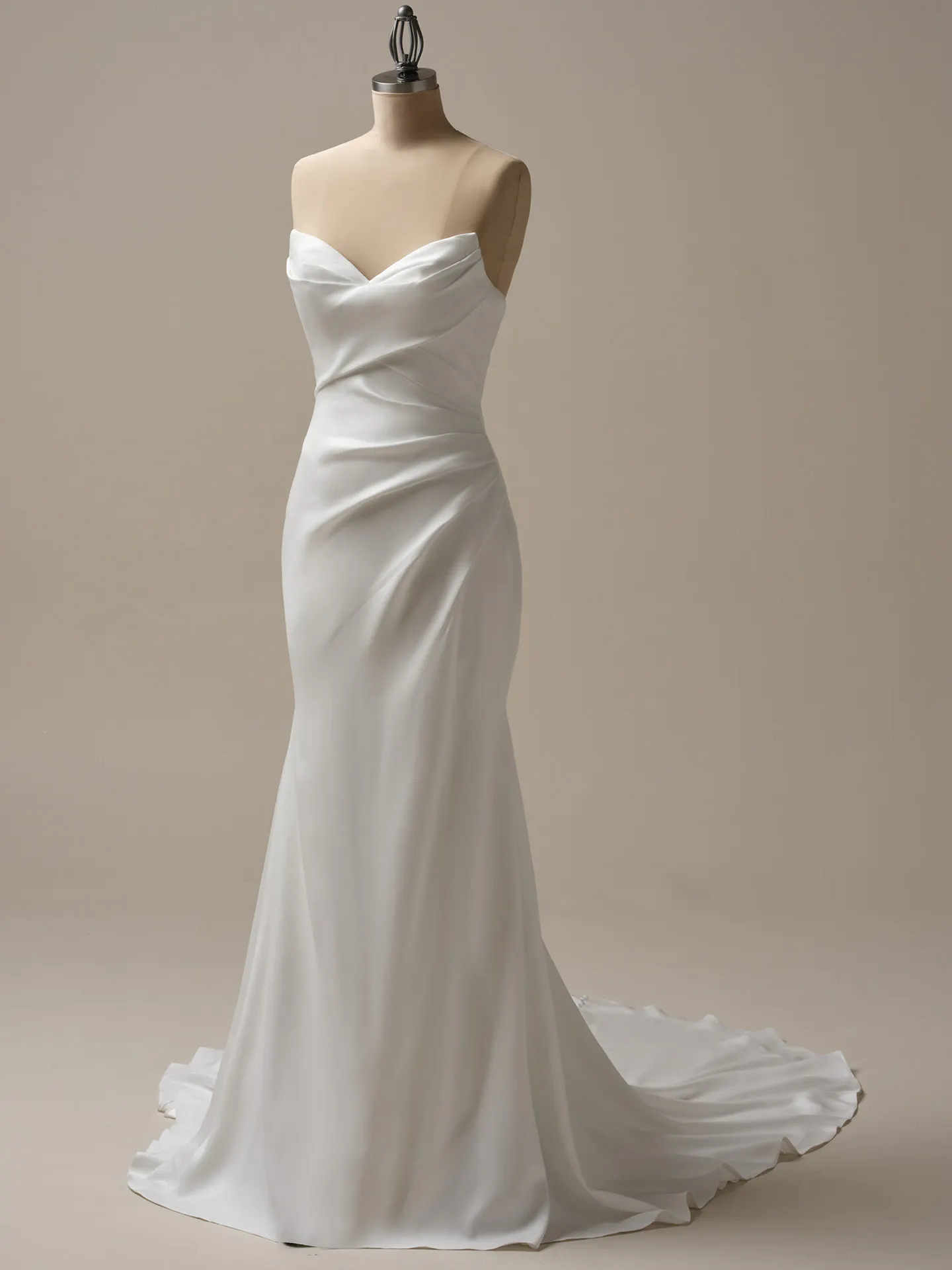 Maggie Sottero Camille draped satin sheath wedding dress front view