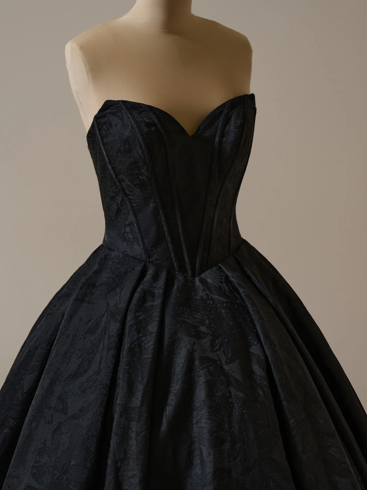Derrick Marie floral ball gown front view, black, strapless bodice.