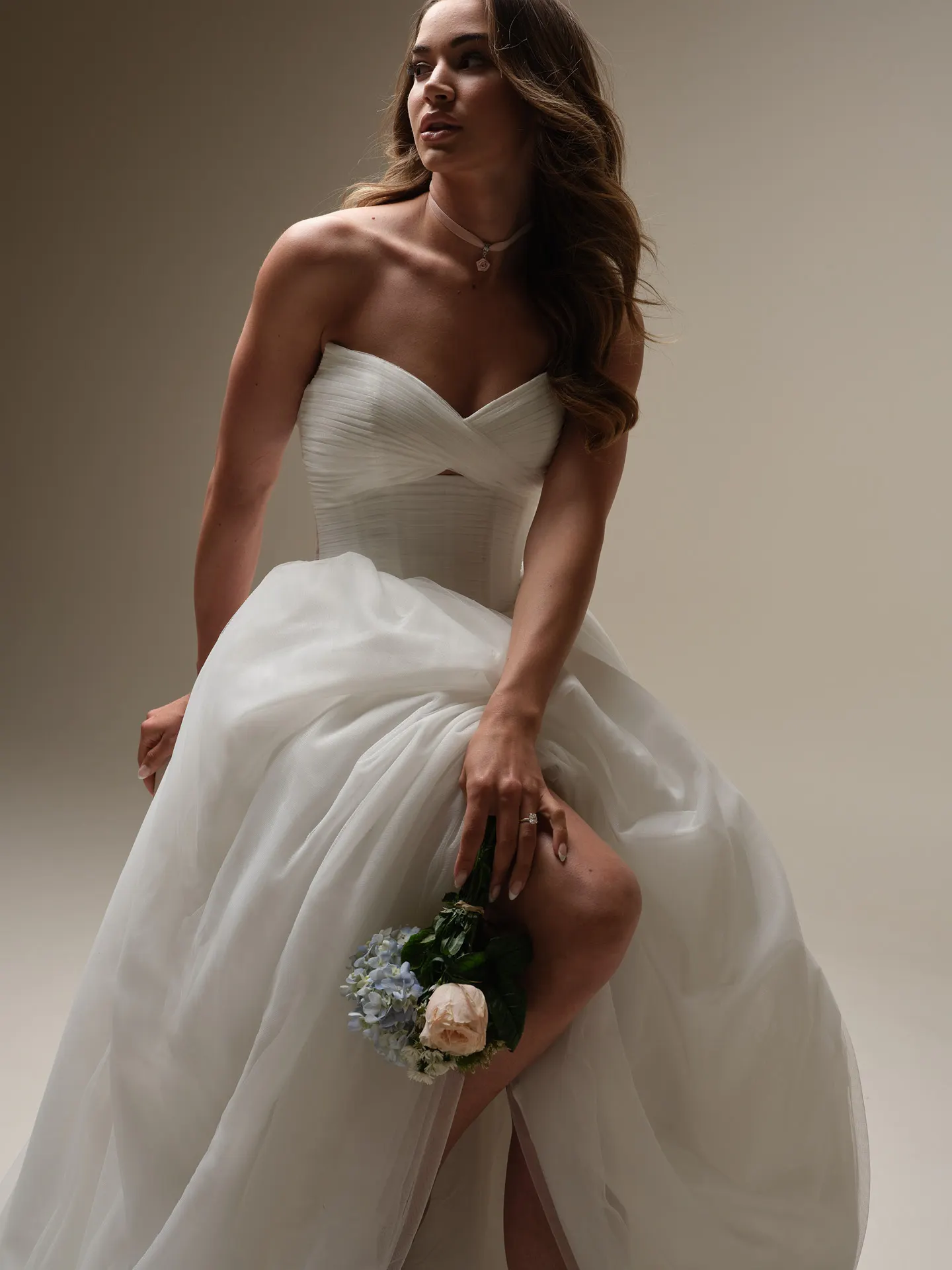 Evan pleated keyhole ball gown front view Maggie Sottero