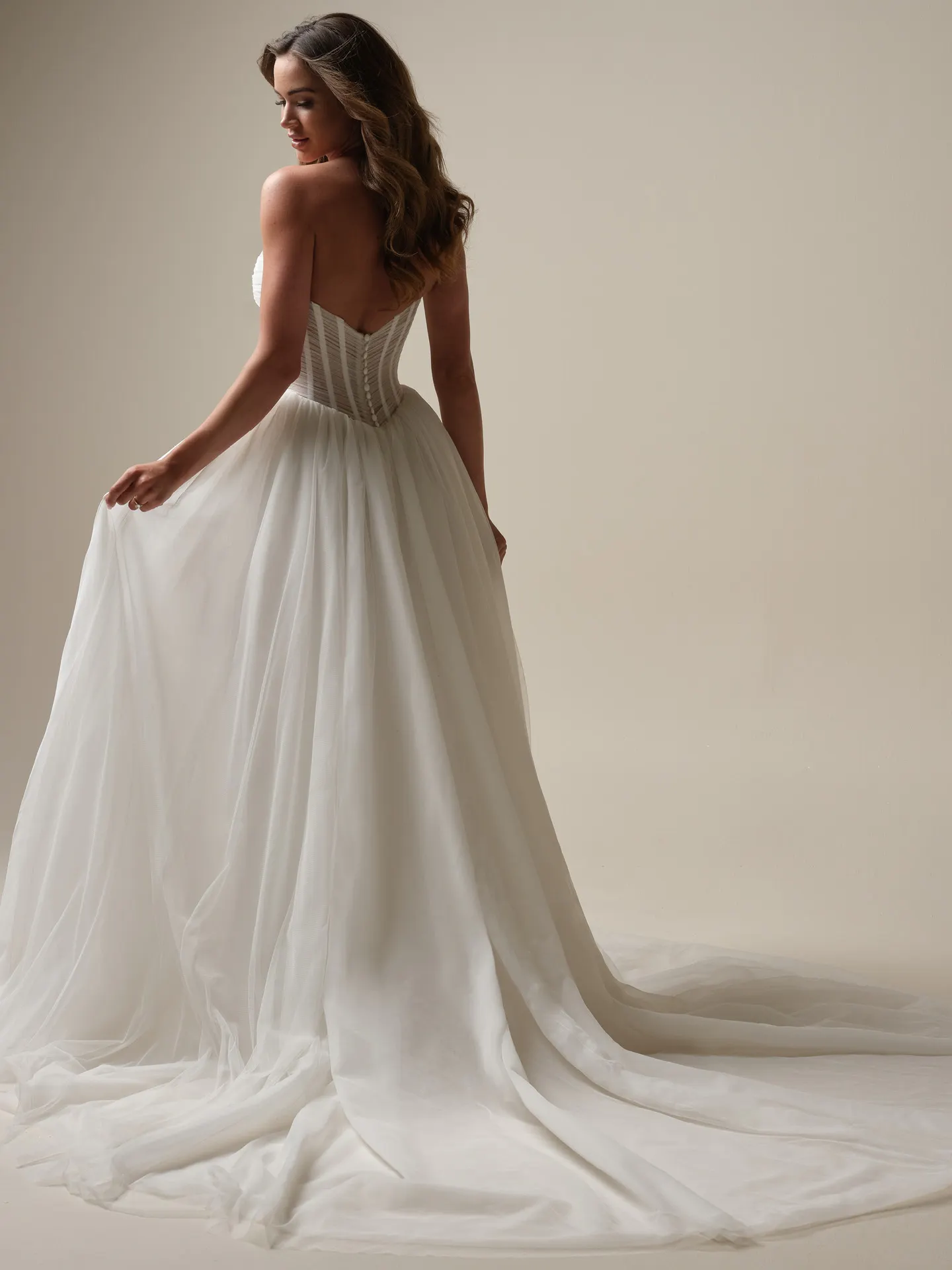 Evan pleated keyhole ball gown back view Maggie Sottero