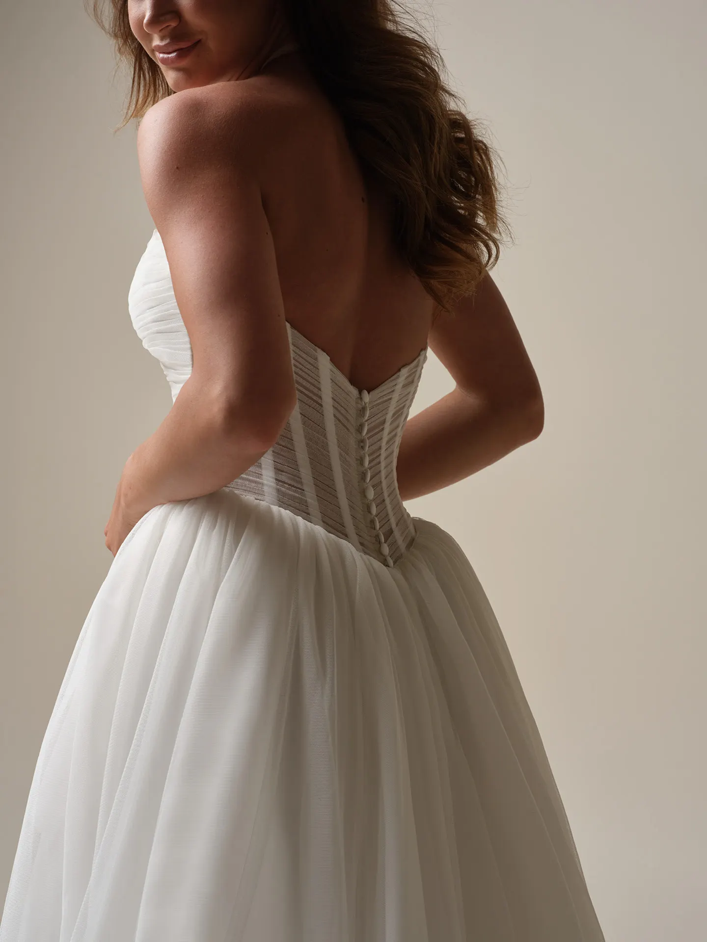Evan pleated keyhole ballgown, back view, Maggie Sottero.