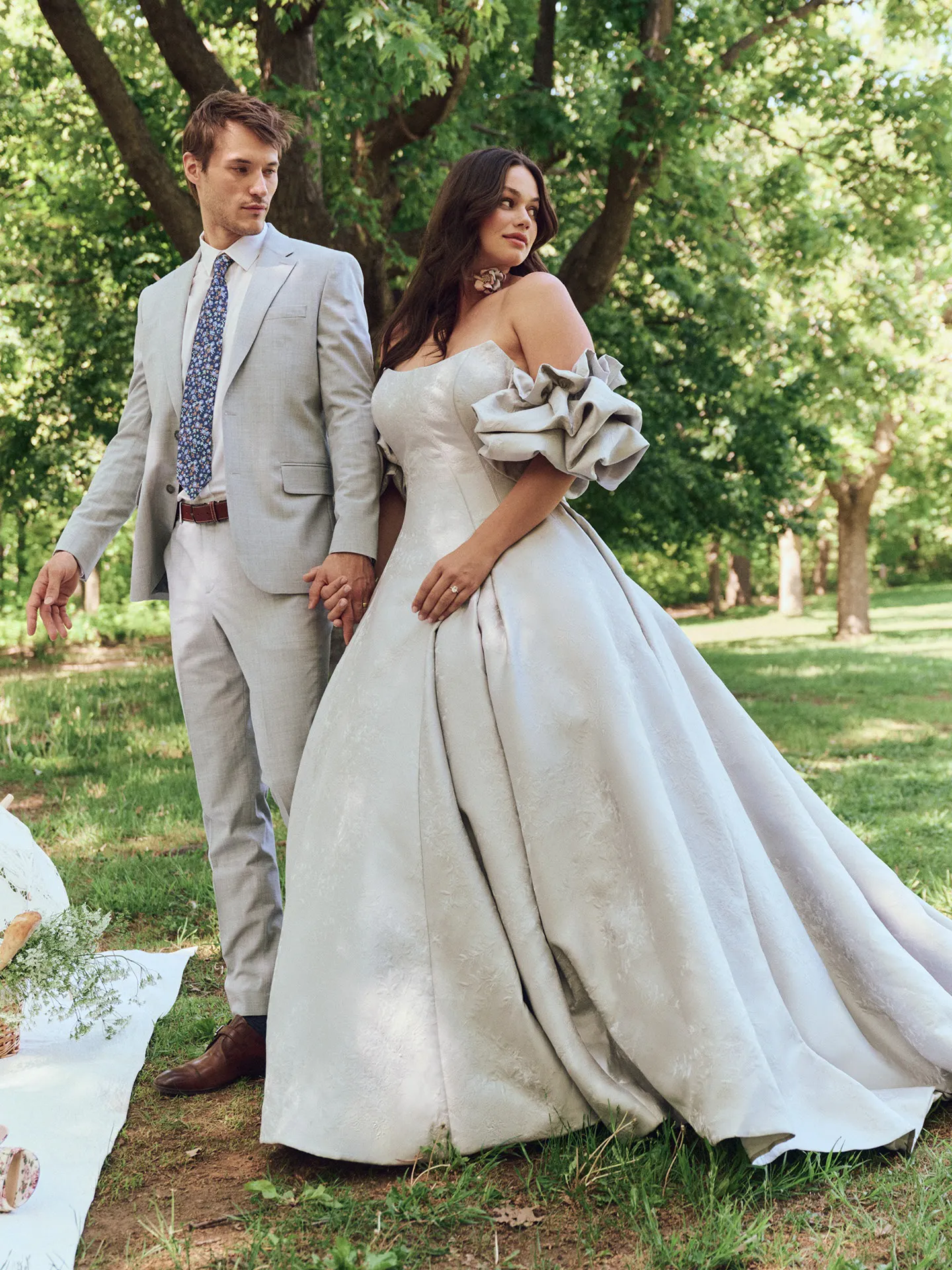 Maggie Sottero Fortune Marie front view in park, jacquard princess ball gown.