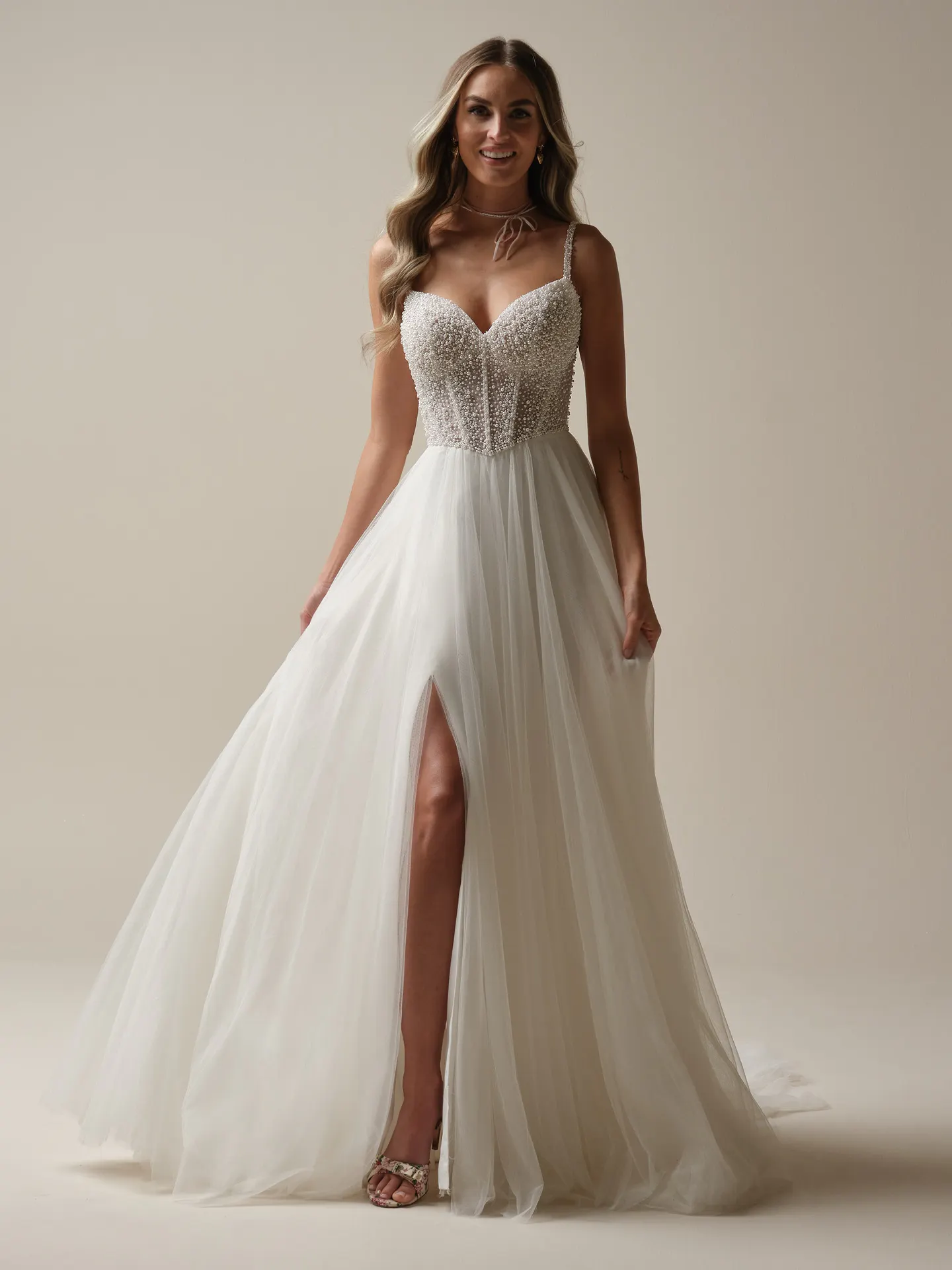 Gretchen front view, pearl tulle A-line bridal dress, Maggie Sottero
