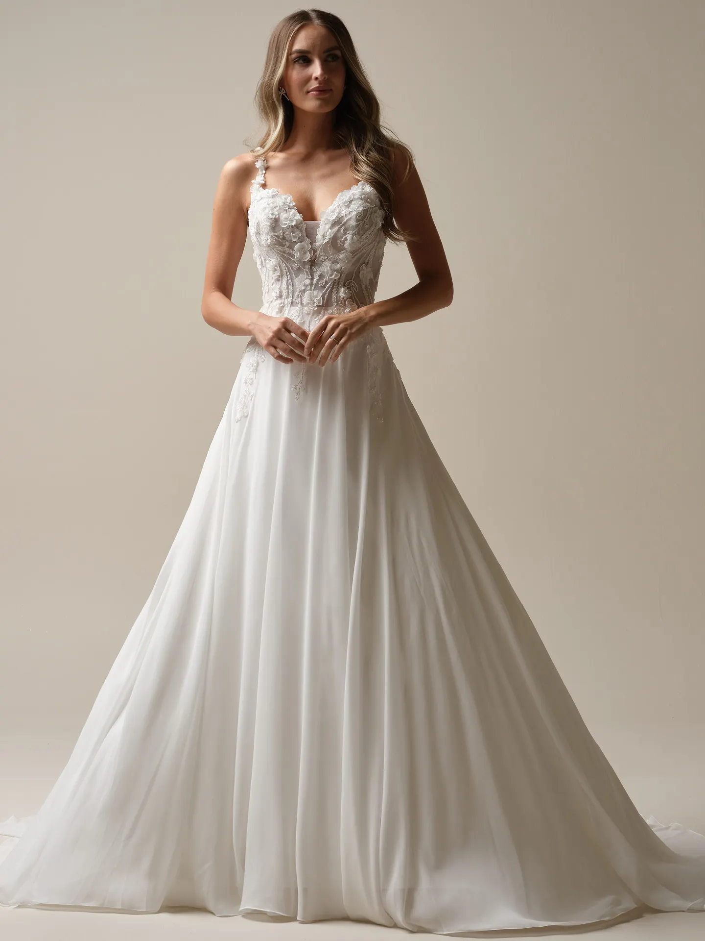 Maggie Sottero Hunter front view flowing A-line wedding gown