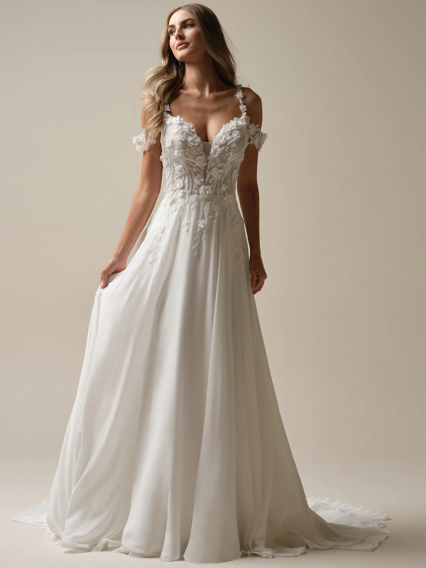 Maggie Sottero Hunter front view floral flowing A-line wedding gown