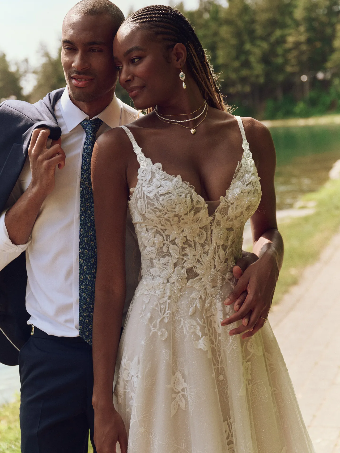 Maggie Sottero Jerrica beaded floral A-line bridal dress front view outdoors