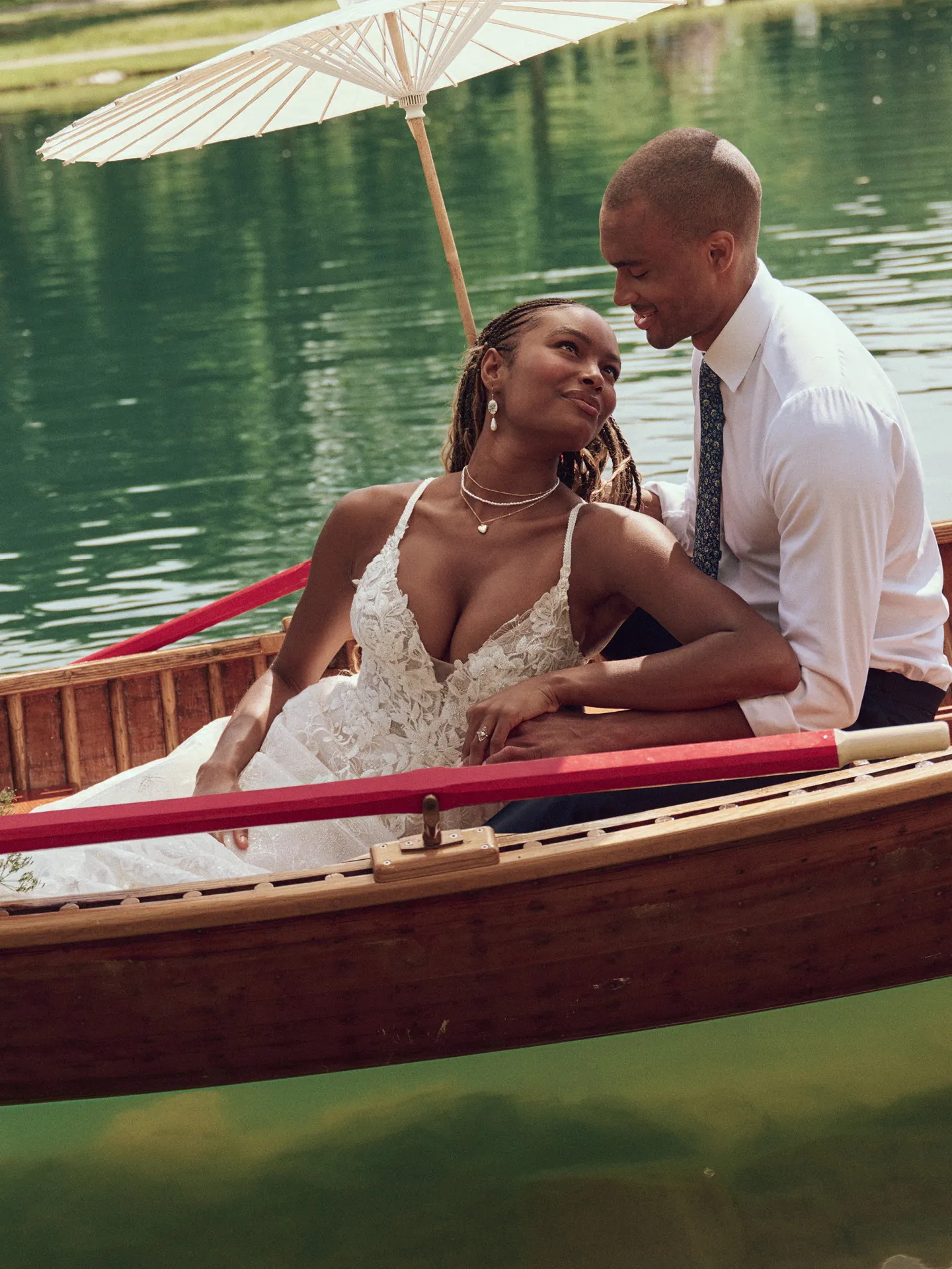 Jerrica A-line dress in boat with floral lace, Maggie Sottero