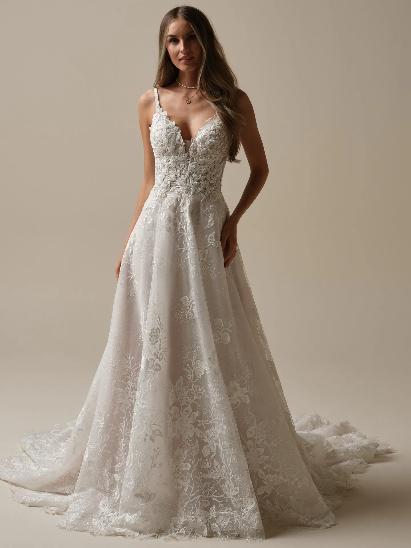 Maggie Sottero Jerrica floral lace A-line dress front view
