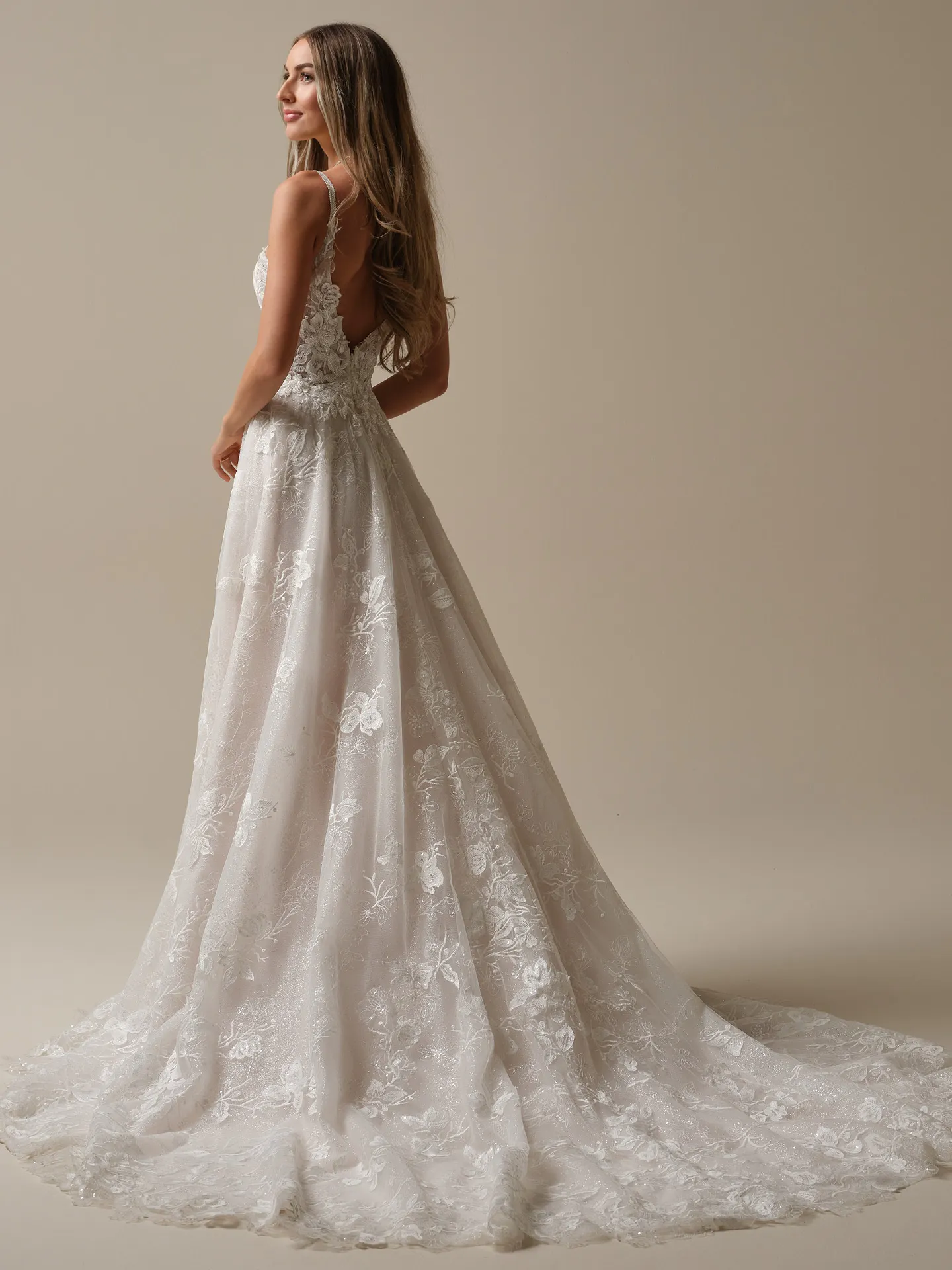 Maggie Sottero Jerrica A-line bridal dress back view with floral lace train