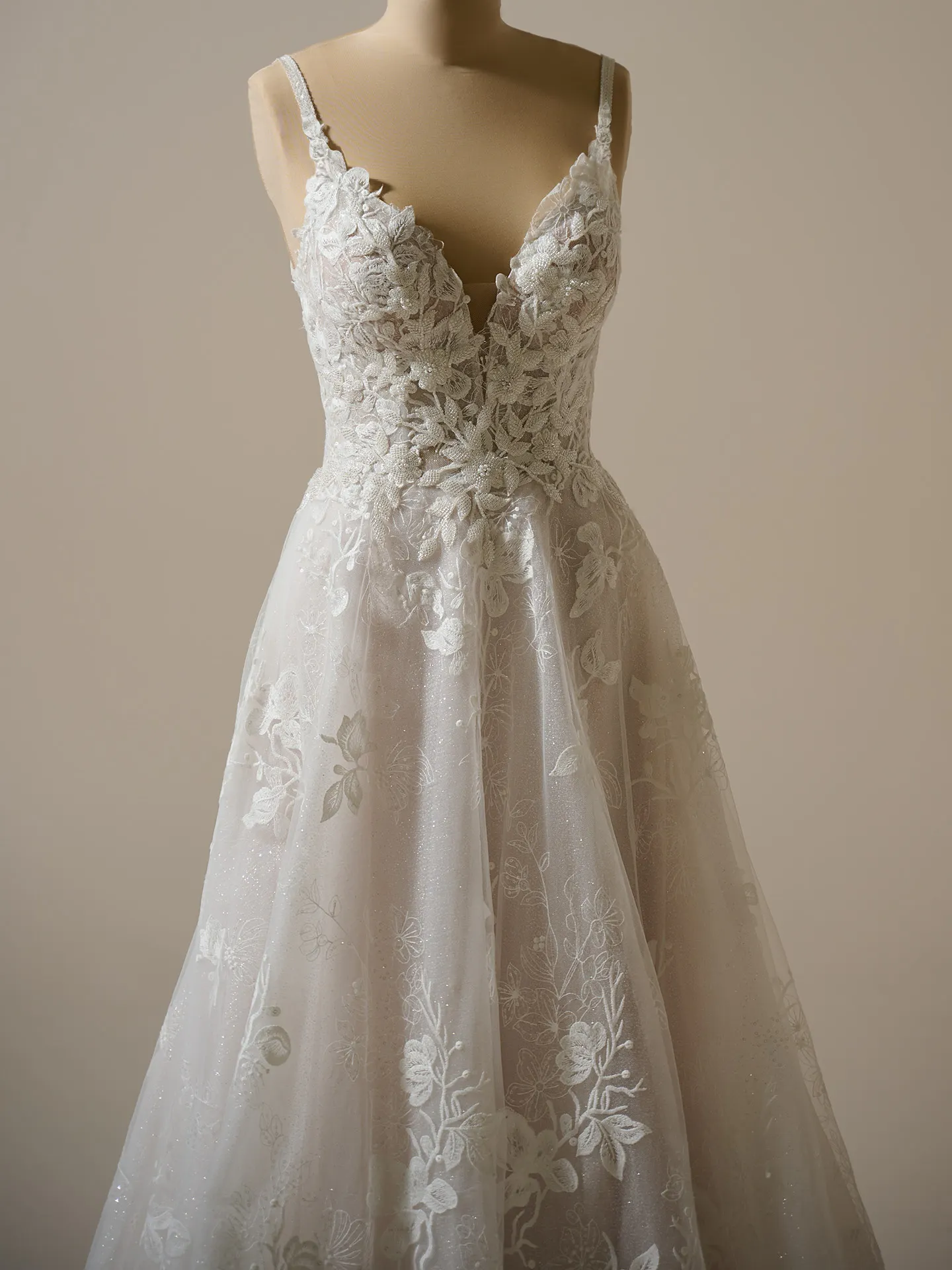 Maggie Sottero Jerrica A-line dress front view with beaded floral details