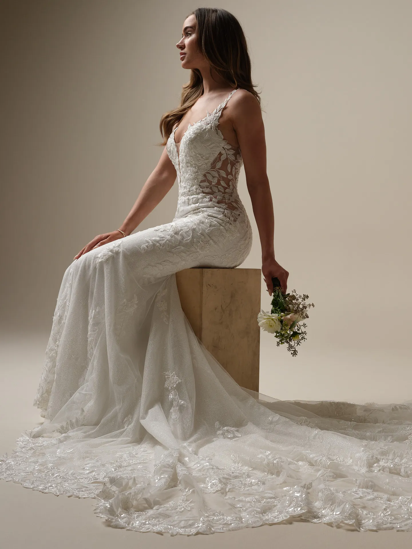 Keegan glittering illusion mermaid gown side view Maggie Sottero