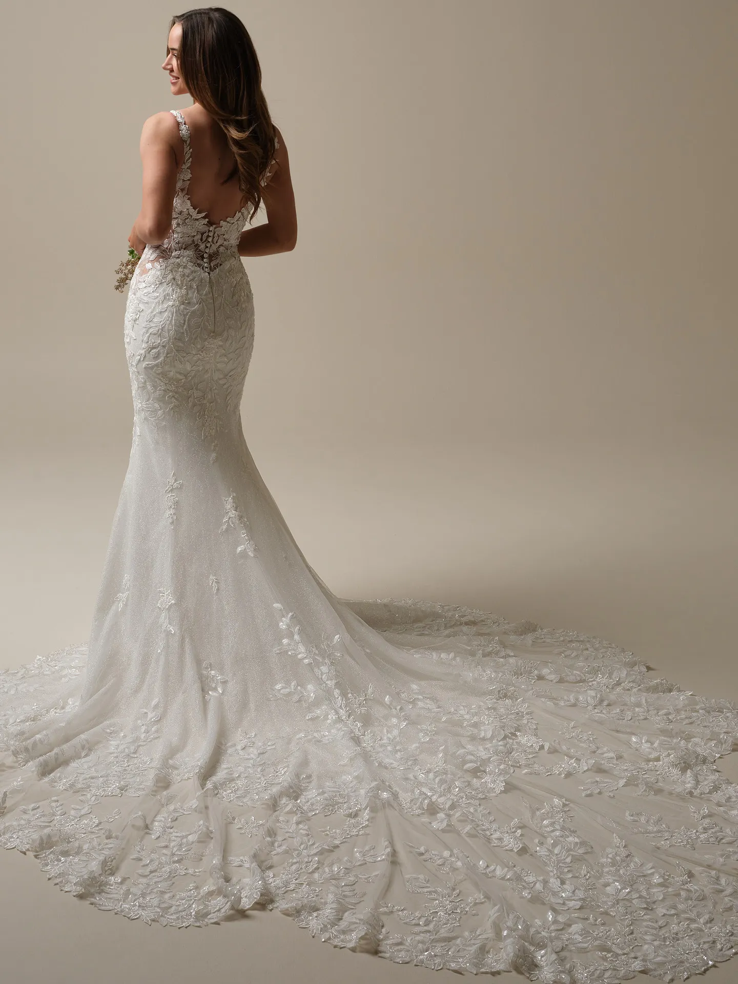 Keegan mermaid wedding gown back view with lace details Maggie Sottero