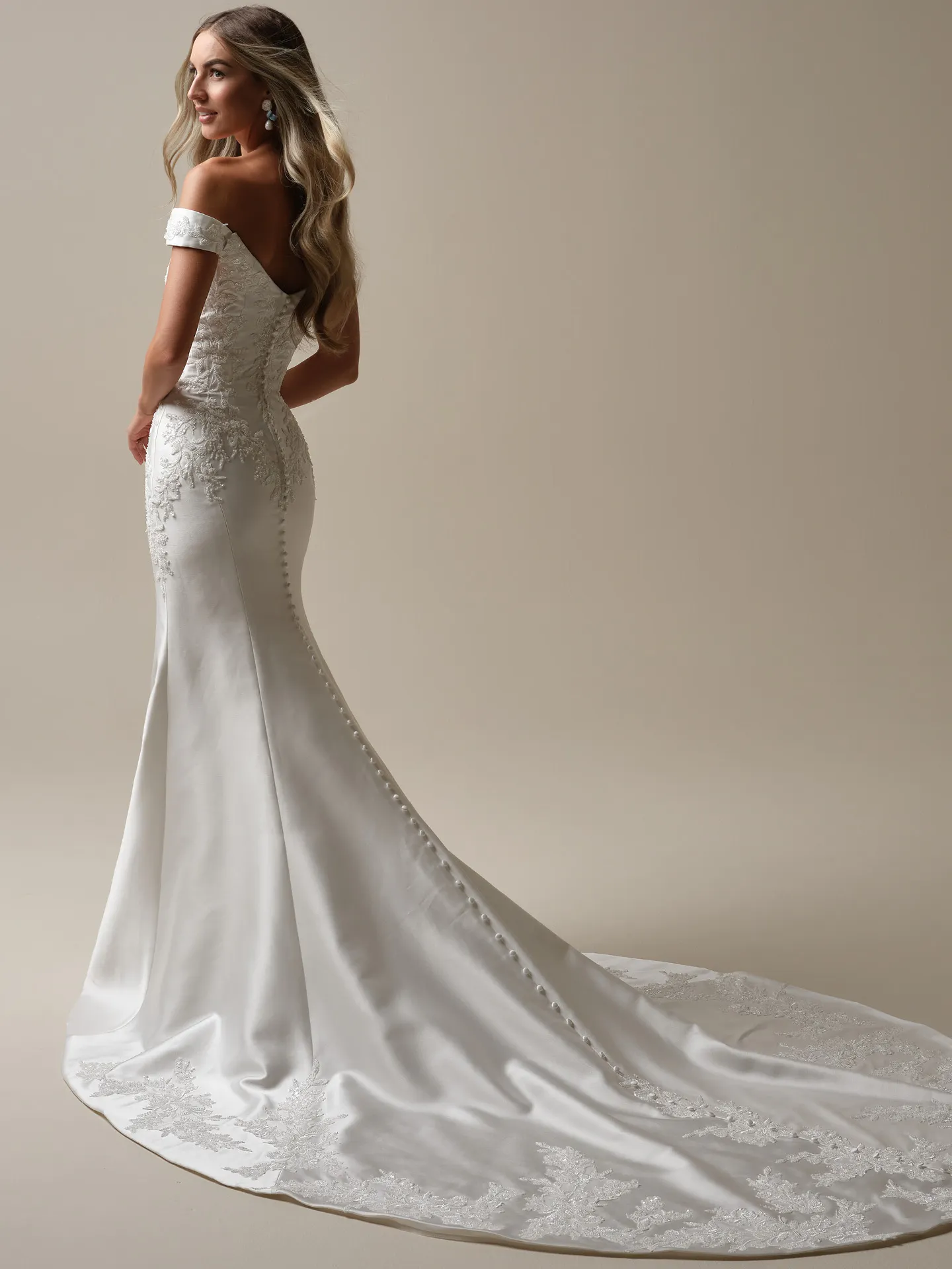 Maggie Sottero Loreen satin bridal dress, back view with lace train.