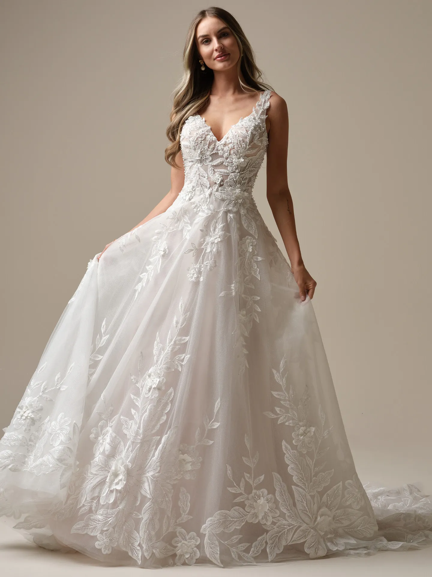 Maggie Sottero Magnolia front view 3-D lace sparkling A-line wedding dress