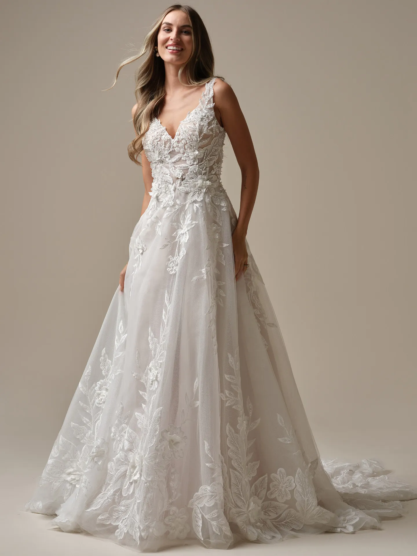 Maggie Sottero Magnolia front view A-line with 3-D lace and sparkles