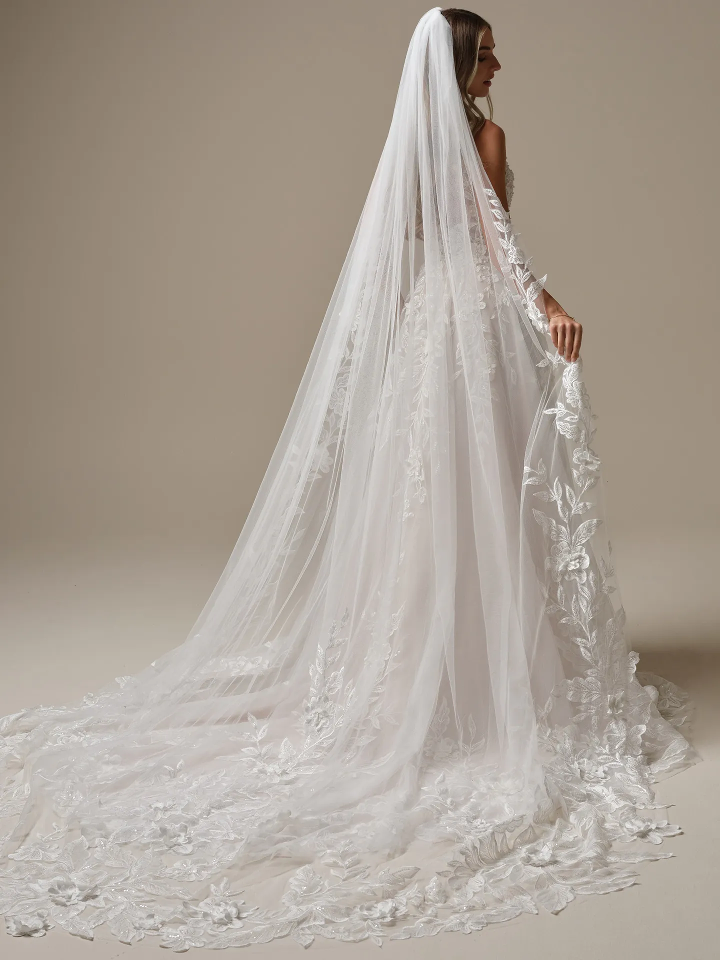 Maggie Sottero Magnolia veil side view, floral embellishment, cathedral length