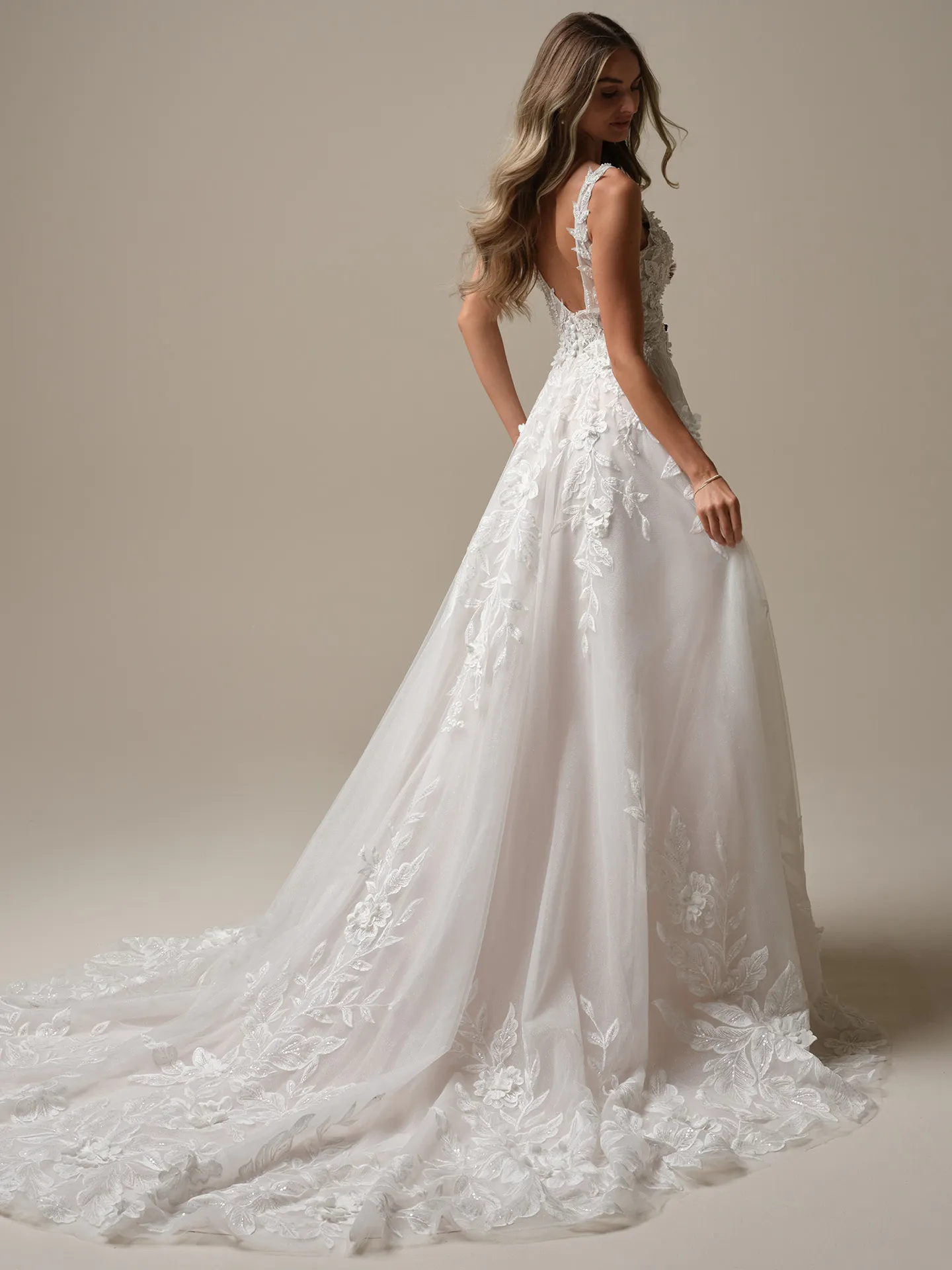 Maggie Sottero Magnolia back view A-line wedding dress with 3-D lace and sparkling details