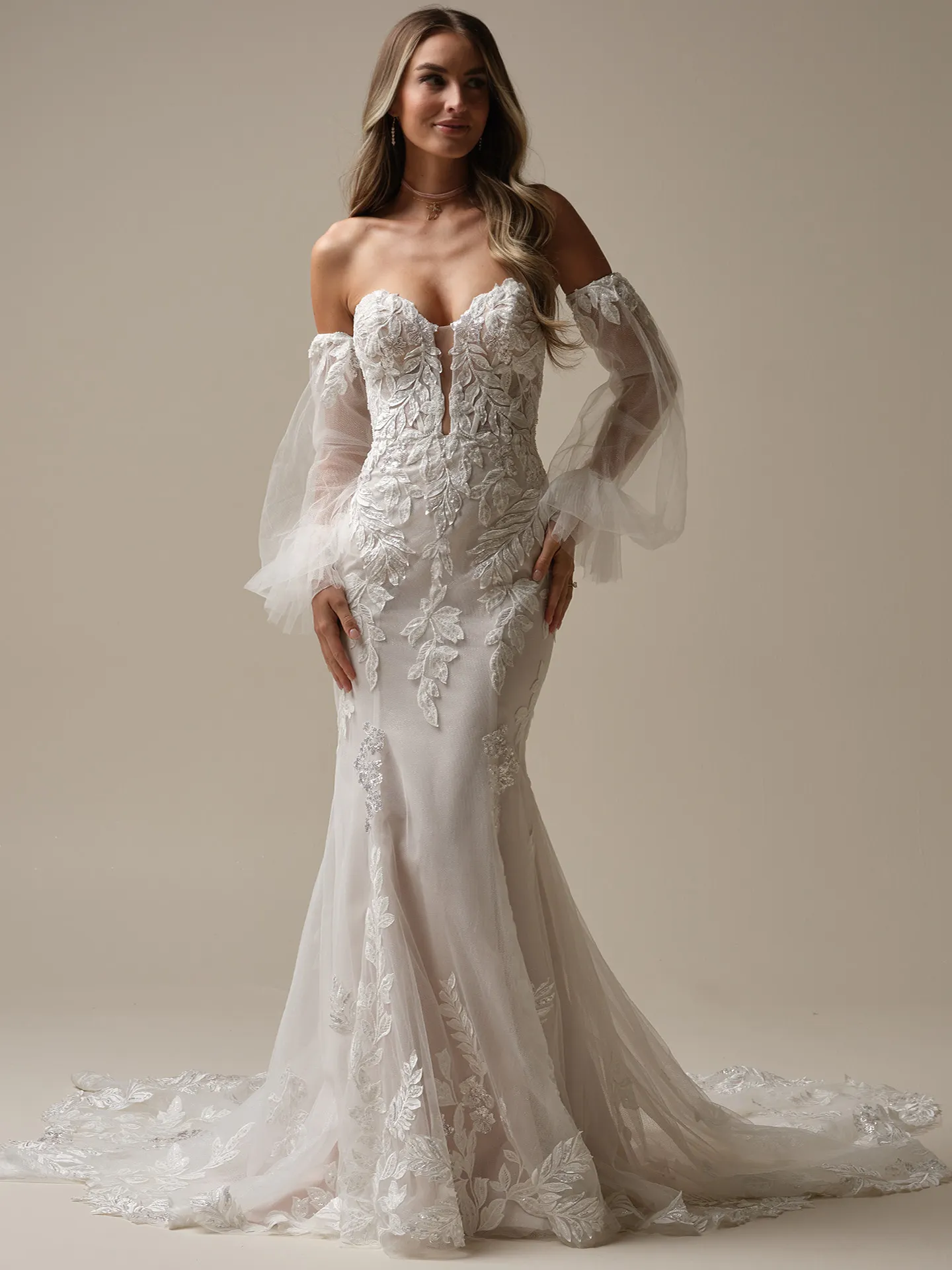 Maggie Sottero Misty front view with detachable balloon sleeves and glitter tulle.