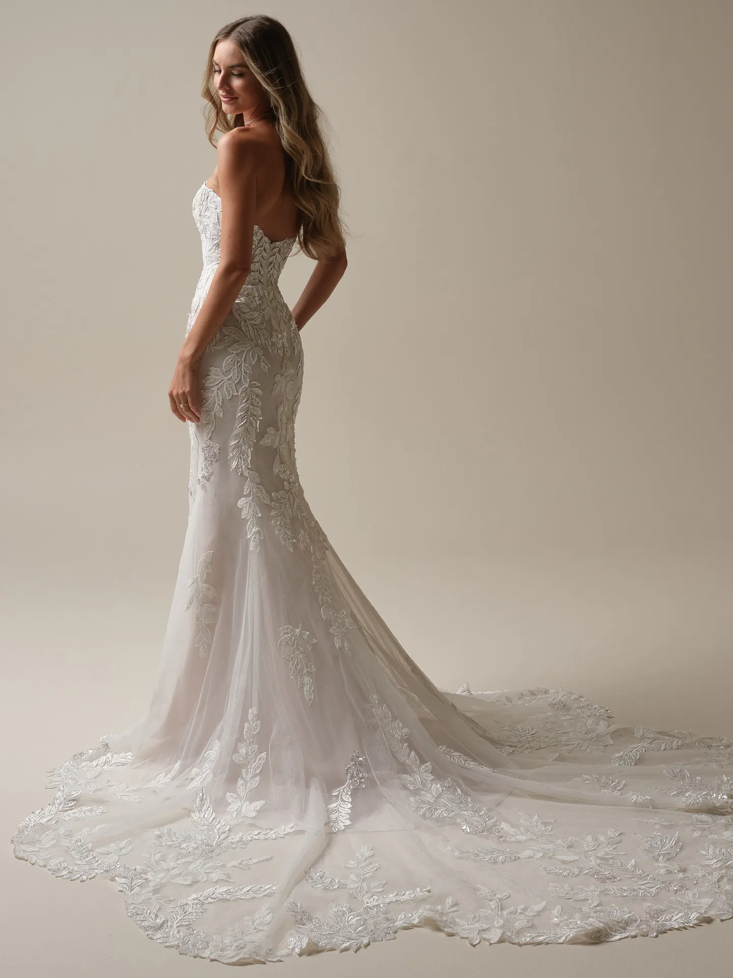 Misty mermaid wedding gown back view with lace and nature-inspired details Maggie Sottero