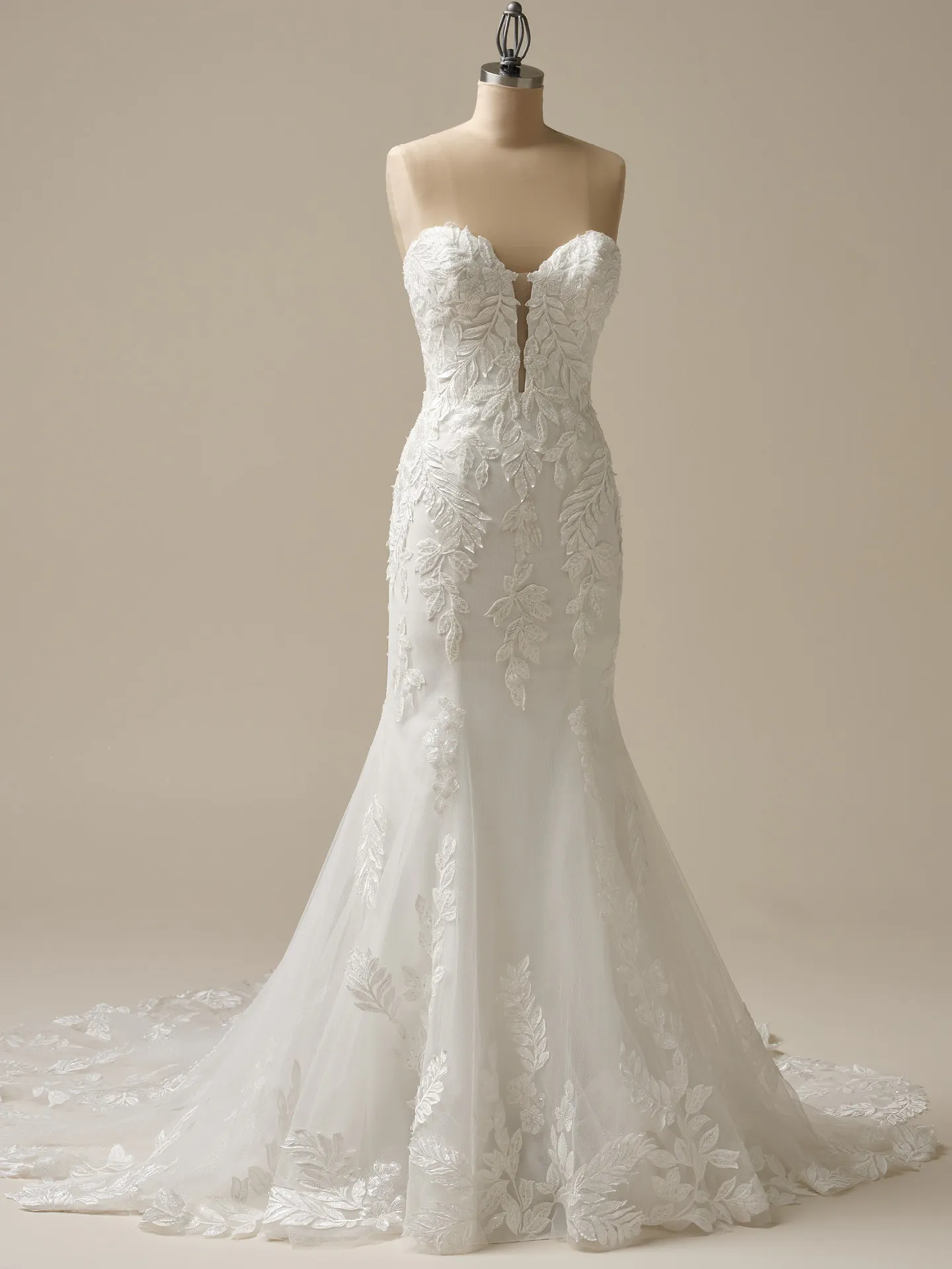 Maggie Sottero mermaid gown front view with leaf lace and strapless bodice.