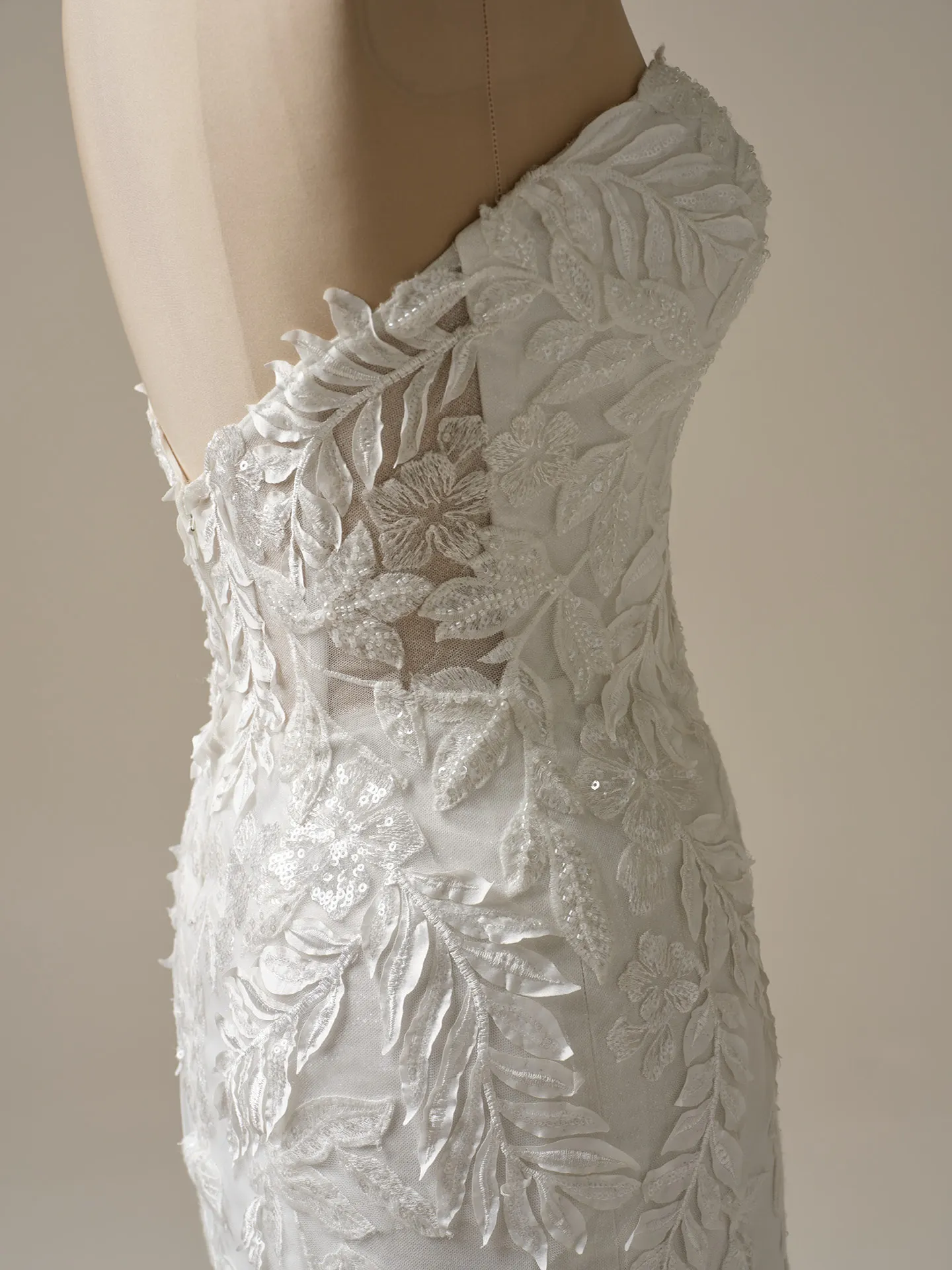 Maggie Sottero Misty side view, nature-inspired mermaid gown, sequin leaf lace.