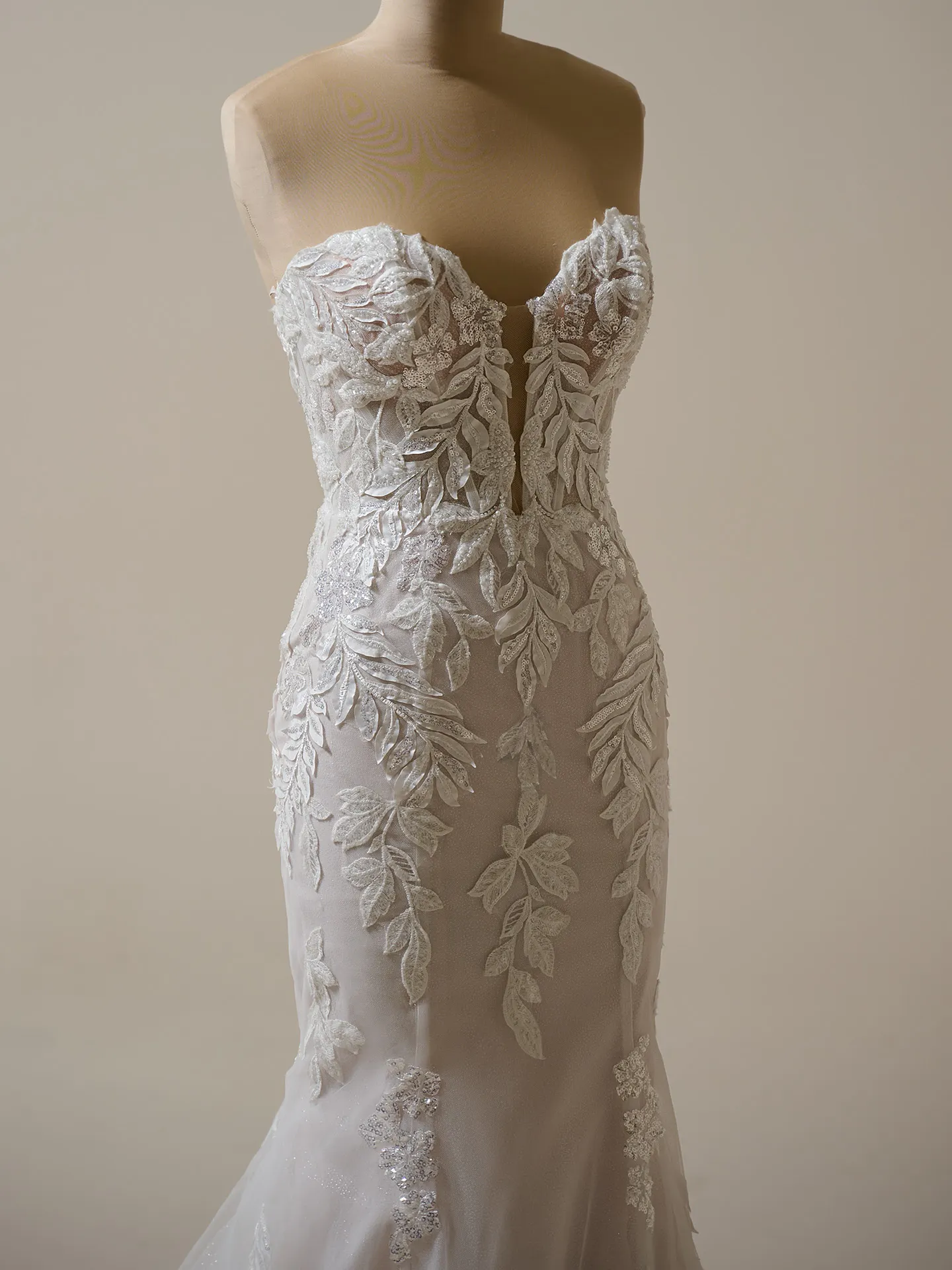 Maggie Sottero Misty mermaid gown front view with leaf lace design