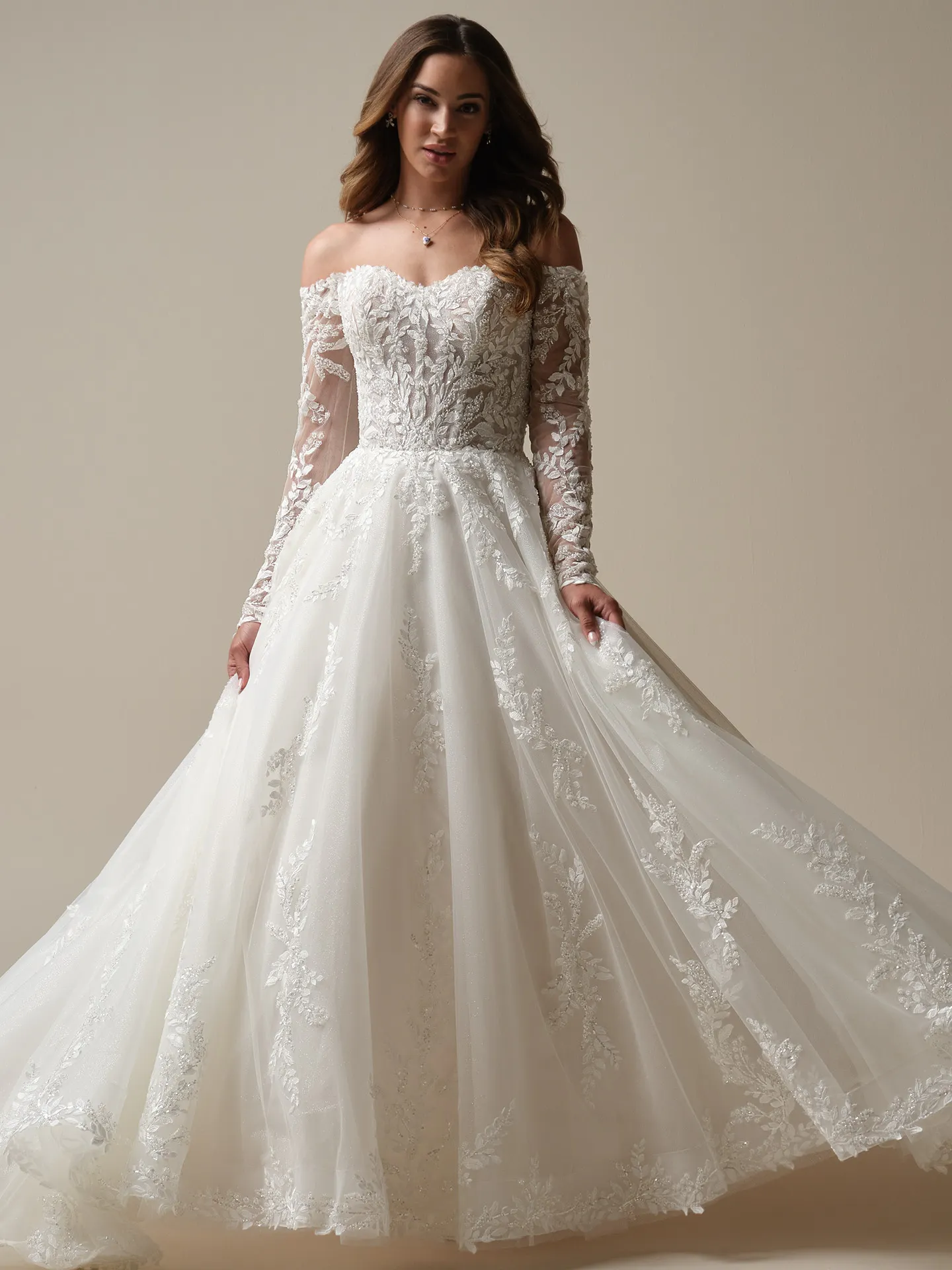 Rita off-the-shoulder lace detailed A-line bridal gown front view