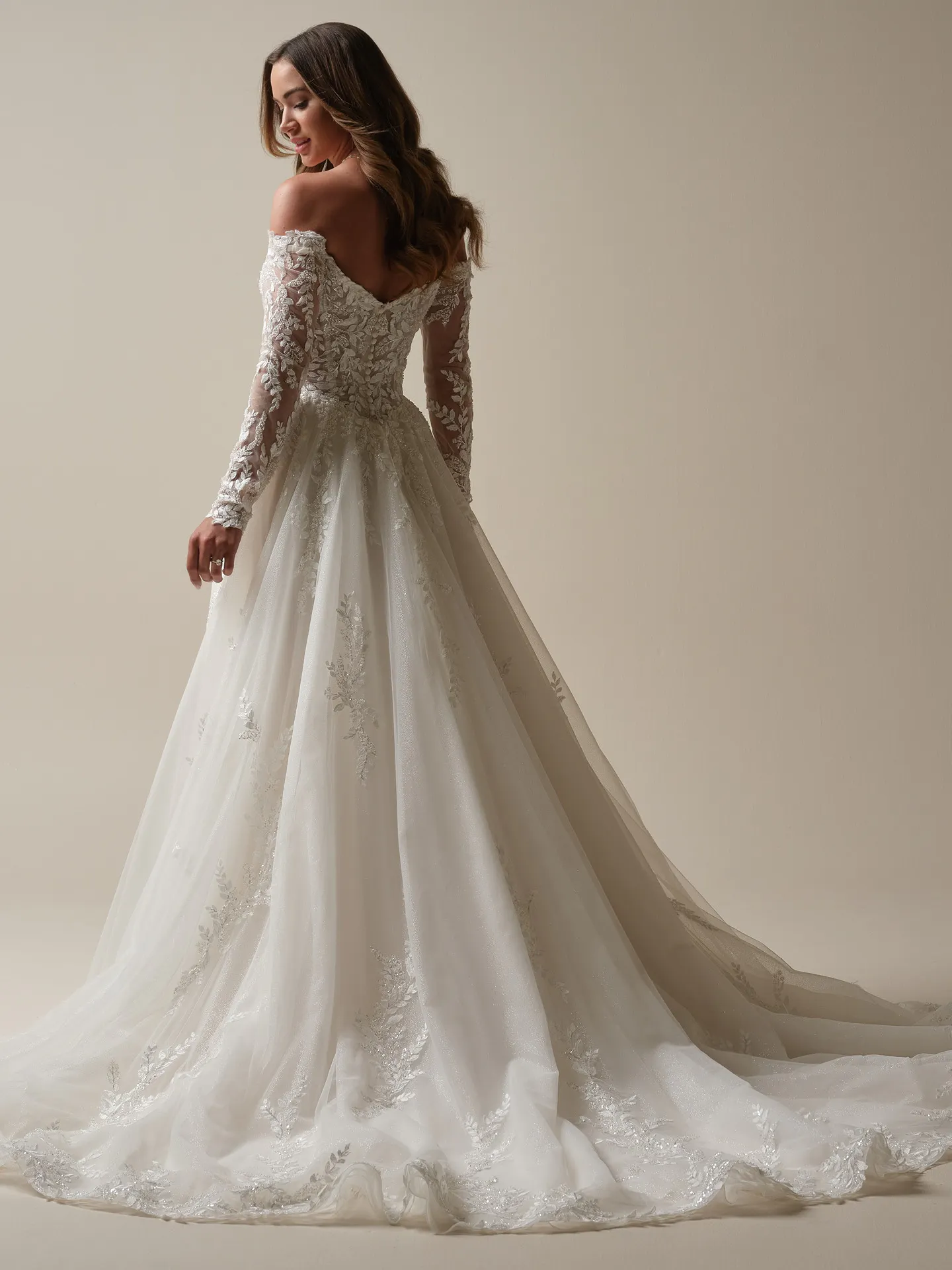 Rita back view off-shoulder beaded A-line gown by Maggie Sottero