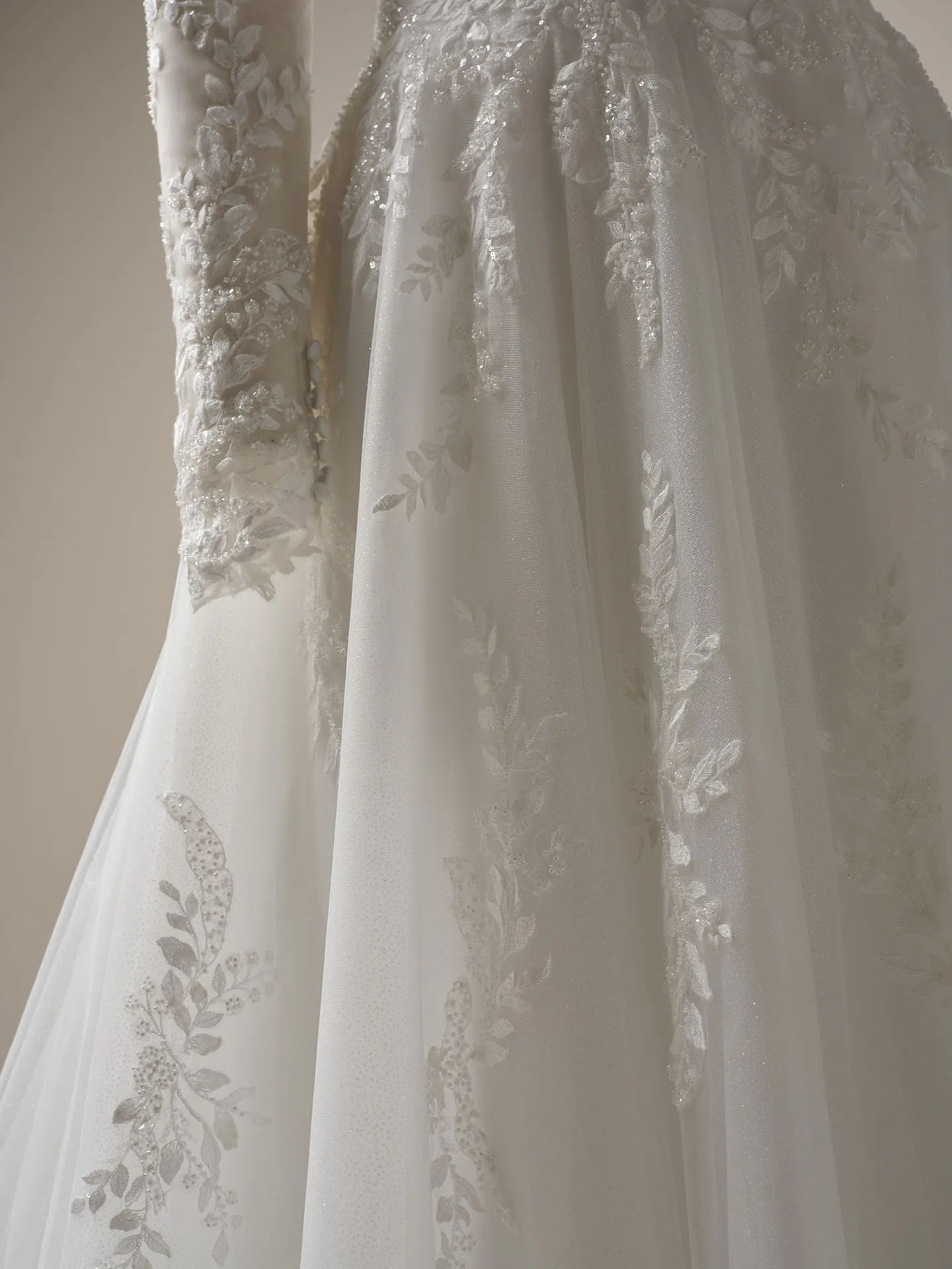 Maggie Sottero Rita close-up of beaded lace detail on A-line bridal gown